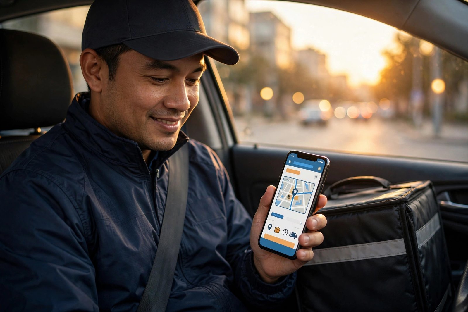 Delivery driver checking earnings on a phone at golden hour